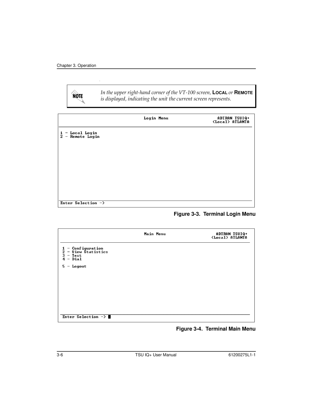 ADTRAN TSU IQ+, 1204002L2 user manual Terminal Login Menu 