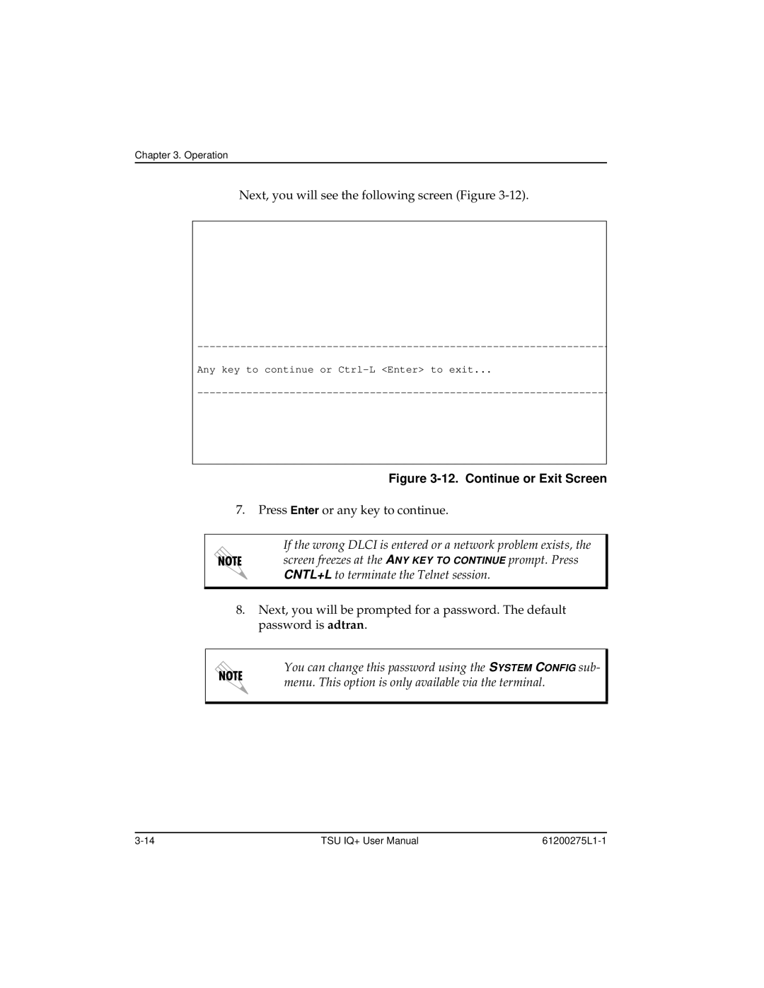 ADTRAN TSU IQ+, 1204002L2 user manual Continue or Exit Screen 