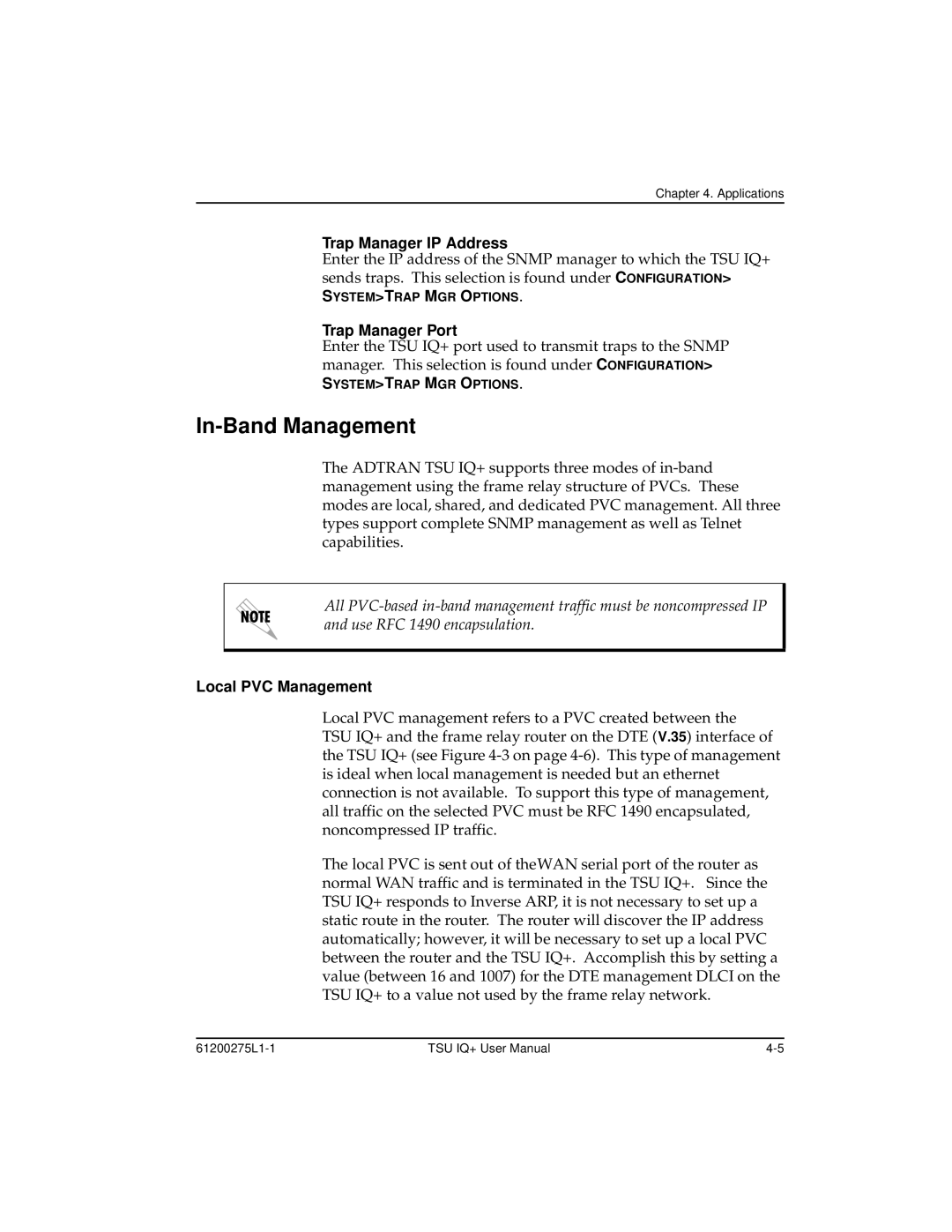 ADTRAN 1204002L2, TSU IQ+ user manual In-Band Management, Trap Manager IP Address, Trap Manager Port, Local PVC Management 