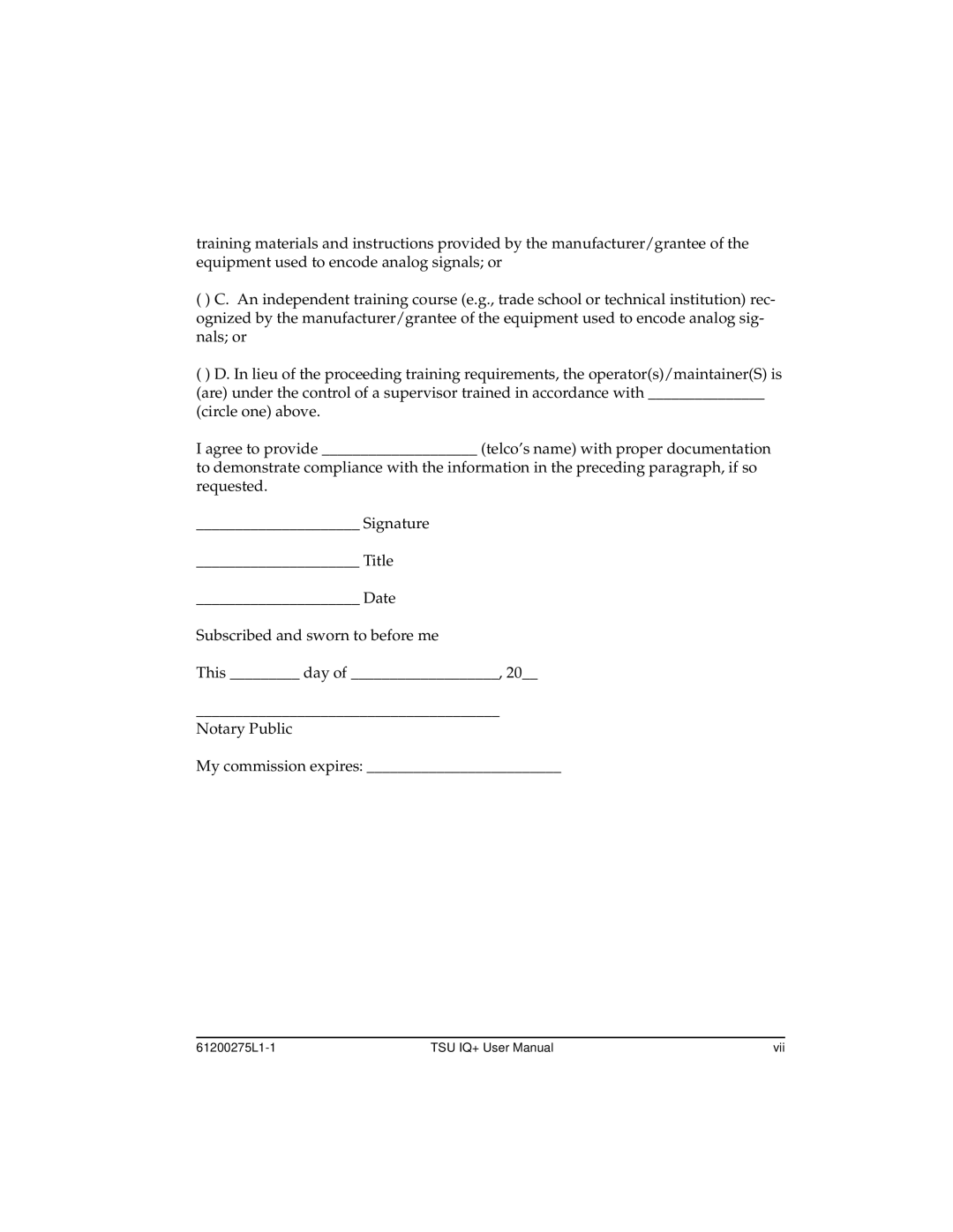 ADTRAN 1204002L2, TSU IQ+ user manual 61200275L1-1 Vii 