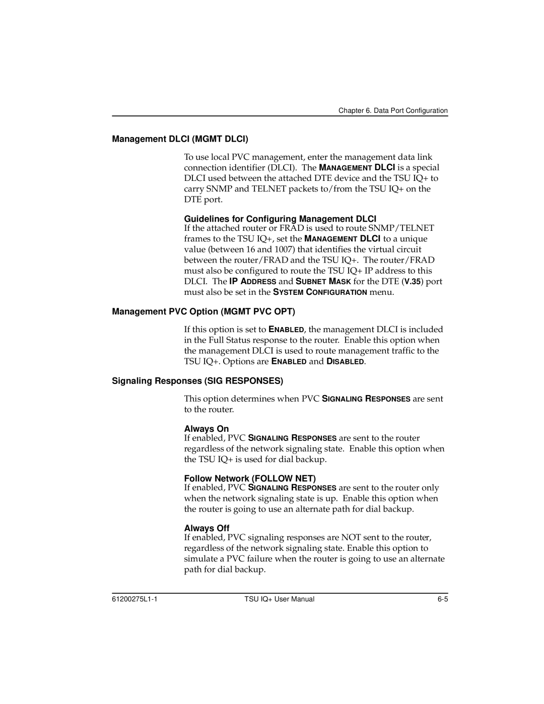 ADTRAN 1204002L2 Management Dlci Mgmt Dlci, Guidelines for Configuring Management Dlci, Management PVC Option Mgmt PVC OPT 