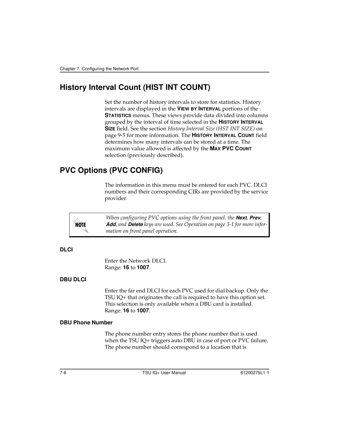 ADTRAN TSU IQ+, 1204002L2 user manual History Interval Count Hist INT Count, PVC Options PVC Config, DBU Phone Number 