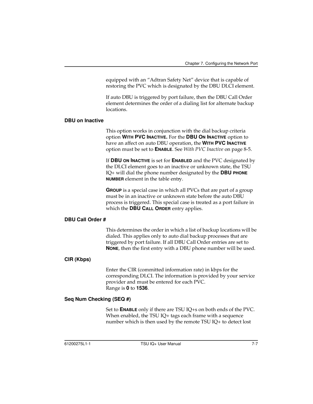 ADTRAN 1204002L2, TSU IQ+ user manual DBU Call Order #, CIR Kbps, Seq Num Checking SEQ # 