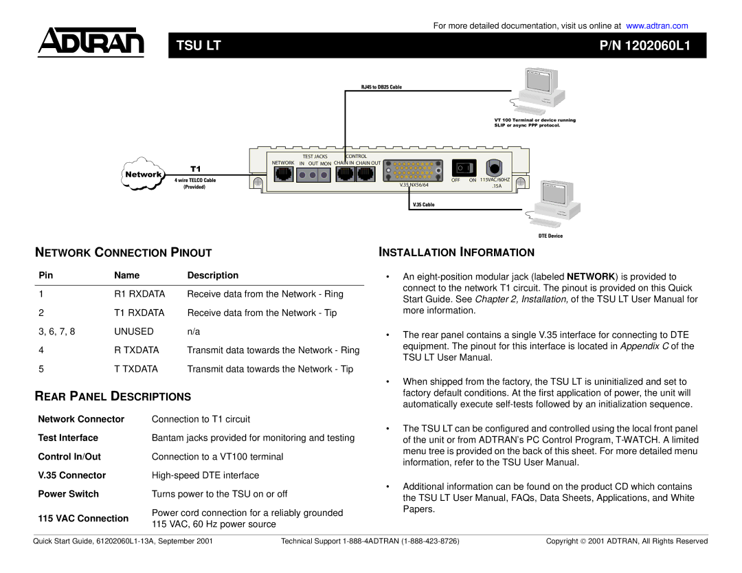 ADTRAN TSU LT appendix Tsu Lt, 1202060L1, Network Connection Pinout, Rear Panel Descriptions, Installation Information 