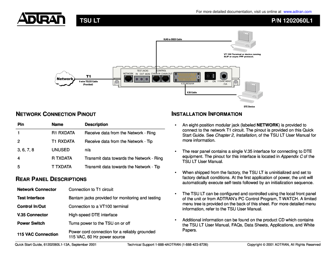 ADTRAN TSU LT appendix Tsu Lt, P/N 1202060L1, Network Connection Pinout, Rear Panel Descriptions, Installation Information 