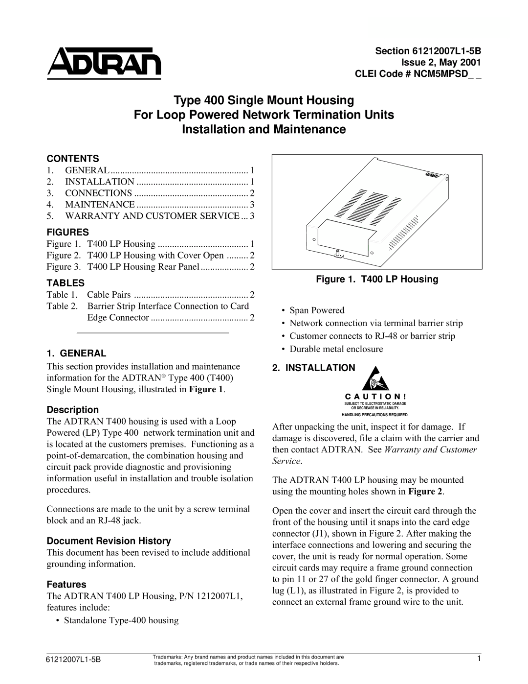 ADTRAN Type 400 warranty Contents, Tables, General, Installation 