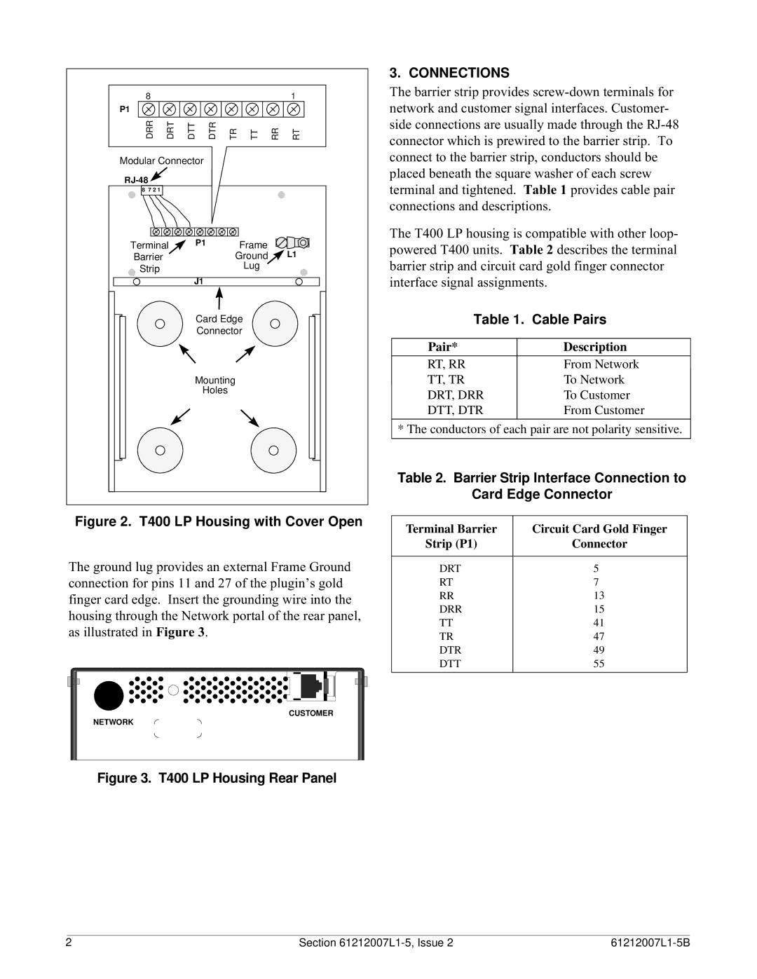 ADTRAN Type 400 warranty Connections, Cable Pairs, Barrier Strip Interface Connection to Card Edge Connector 