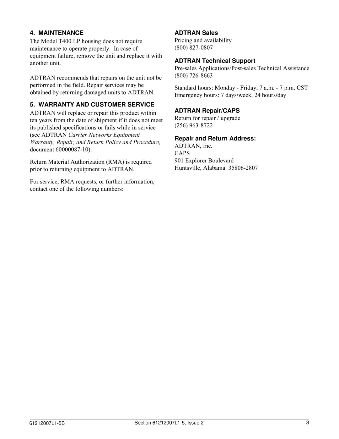 ADTRAN Type 400 warranty Maintenance, Warranty and Customer Service 