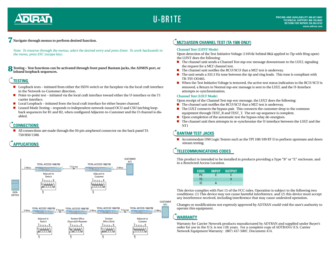 ADTRAN U-BR1TE manual Testing, Connections, Applications, Bantam Test Jacks, Telecommunications Codes, Warranty 