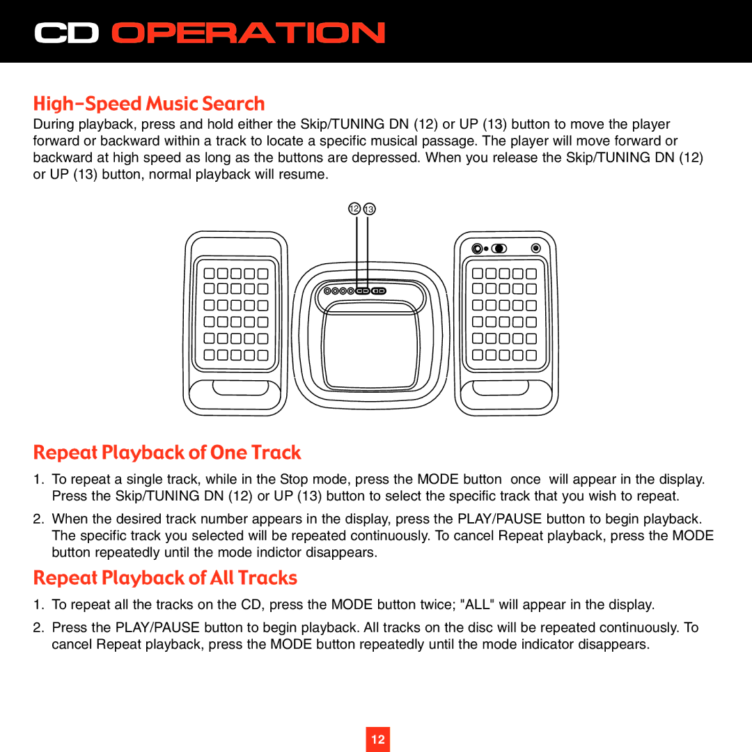 ADTRAN XS027 instruction manual High-Speed Music Search, Repeat Playback of One Track, Repeat Playback of All Tracks 