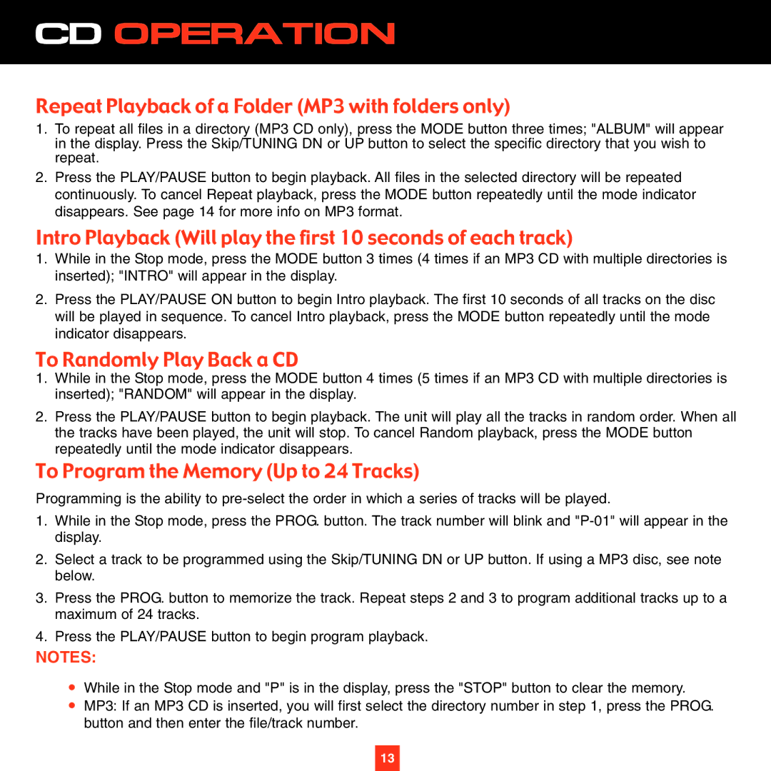 ADTRAN XS027 instruction manual Repeat Playback of a Folder MP3 with folders only, To Randomly Play Back a CD 