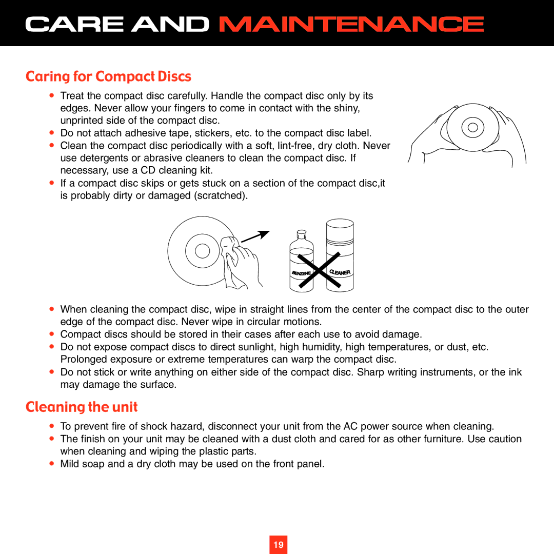 ADTRAN XS027 instruction manual Caring for Compact Discs, Cleaning the unit 