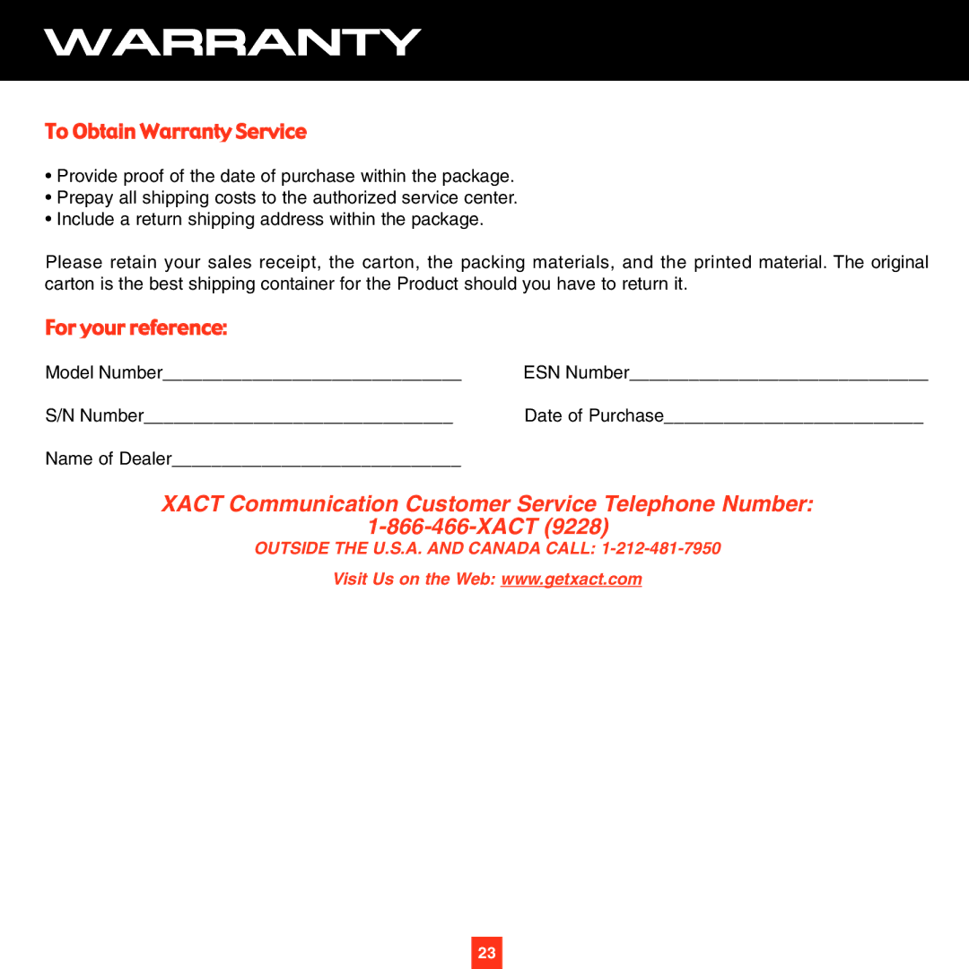 ADTRAN XS027 instruction manual Xact Communication Customer Service Telephone Number 