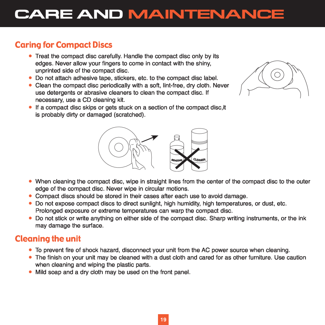 ADTRAN XS027 instruction manual Care And Maintenance, Caring for Compact Discs, Cleaning the unit 