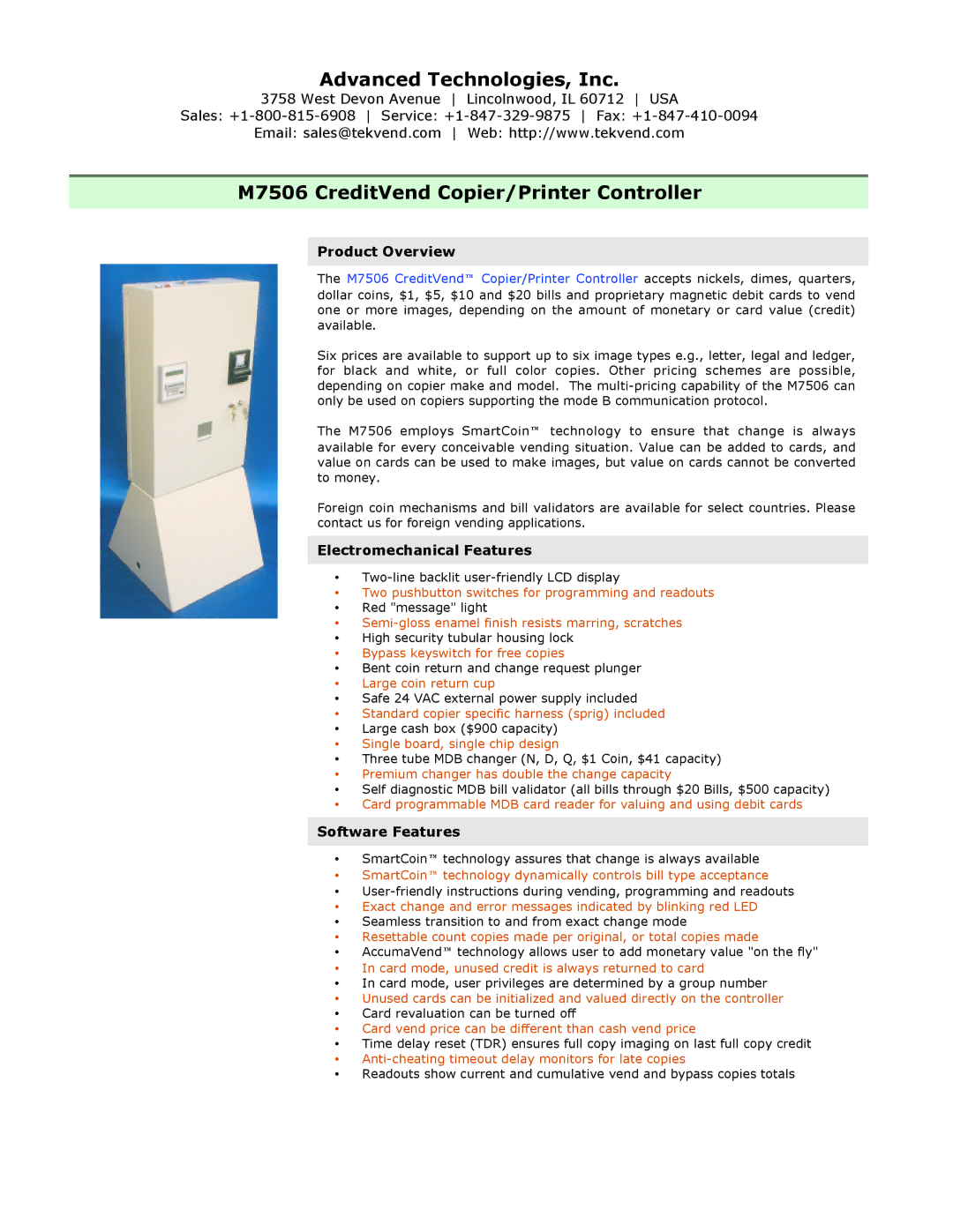 ADTX manual Advanced Technologies, Inc, M7506 CreditVend Copier/Printer Controller, Product Overview, Software Features 