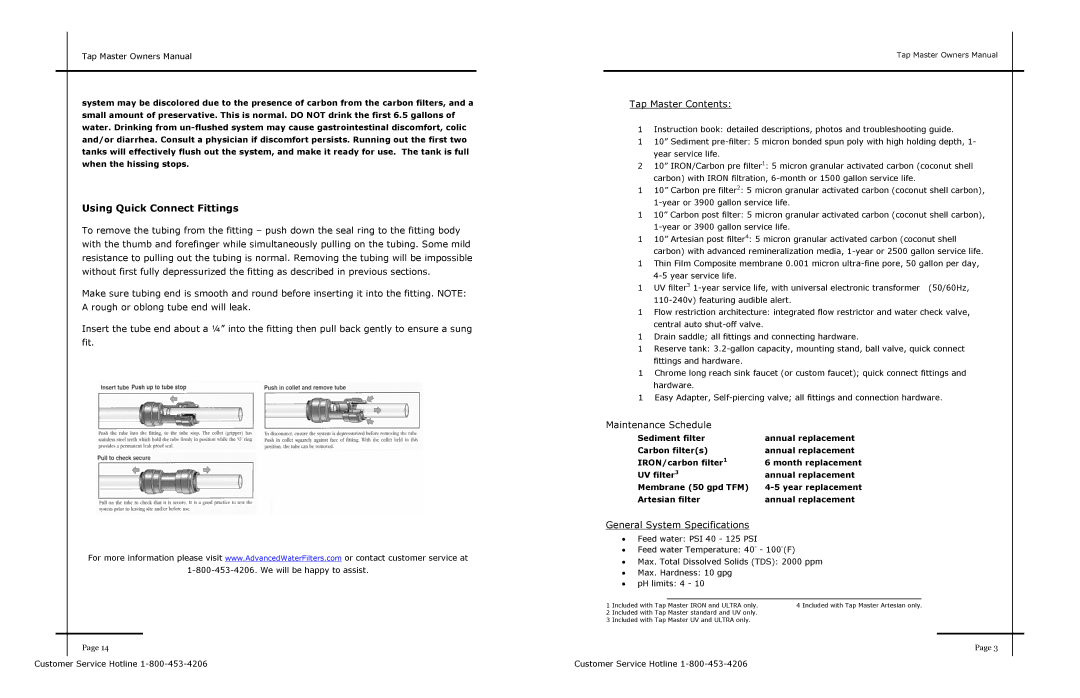 ADTX Water Dispenser owner manual Tap Master Contents, Maintenance Schedule, General System Specifications 