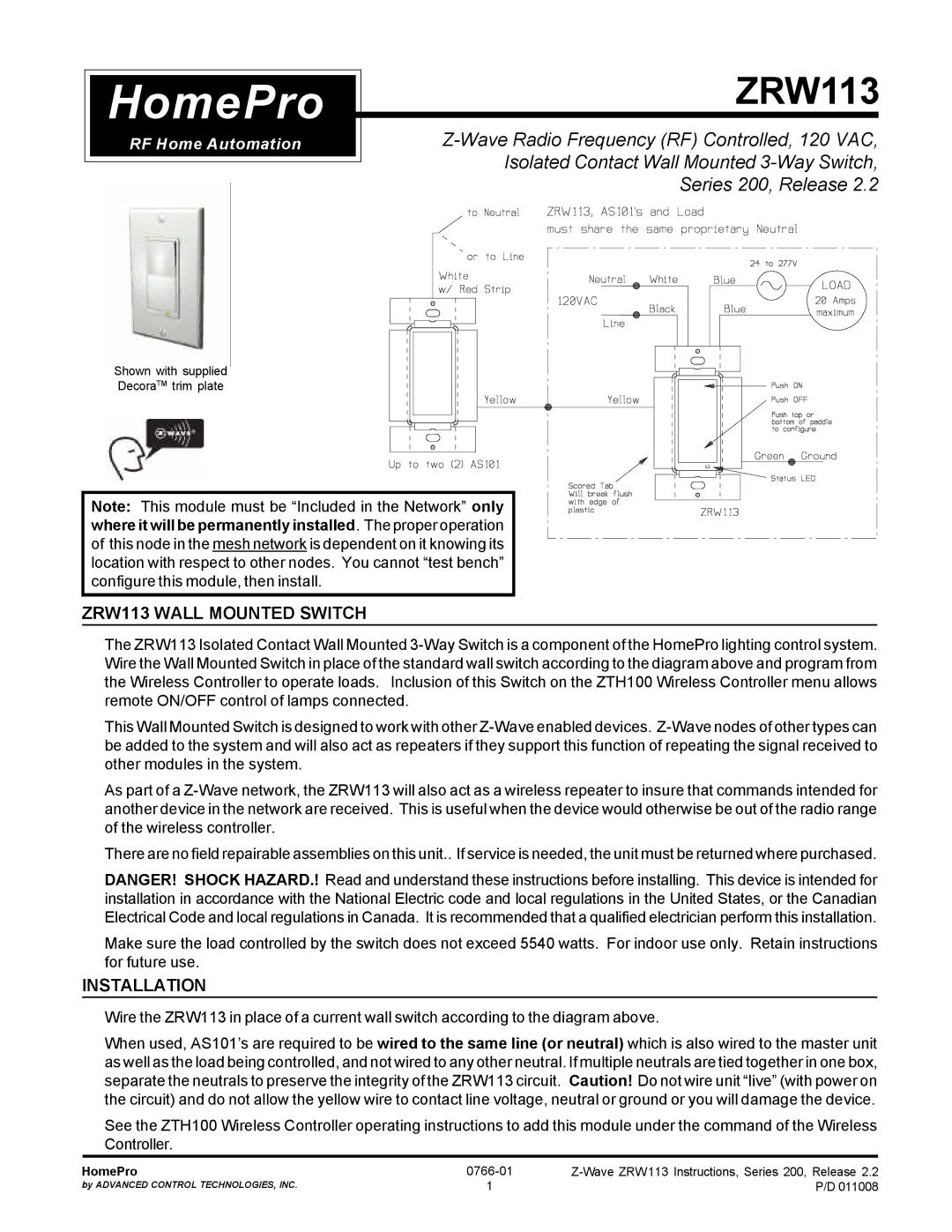 ADTX operating instructions ZRW113 Wall Mounted Switch, Installation 