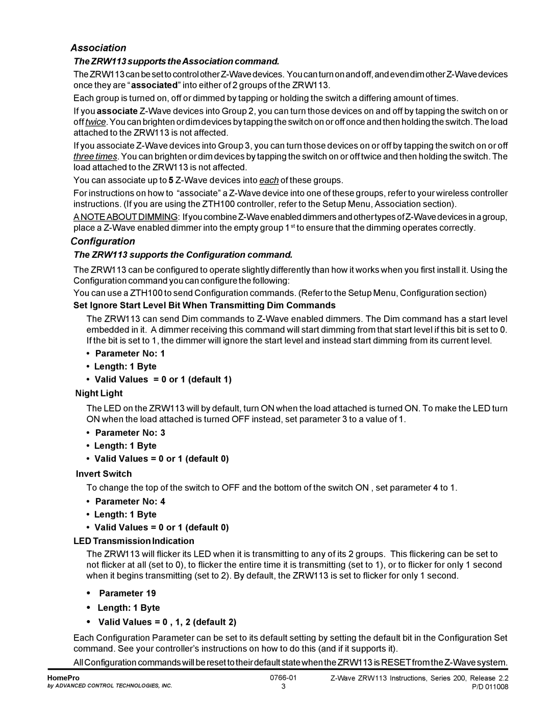 ADTX operating instructions ZRW113 supports the Association command, ZRW113 supports the Configuration command 