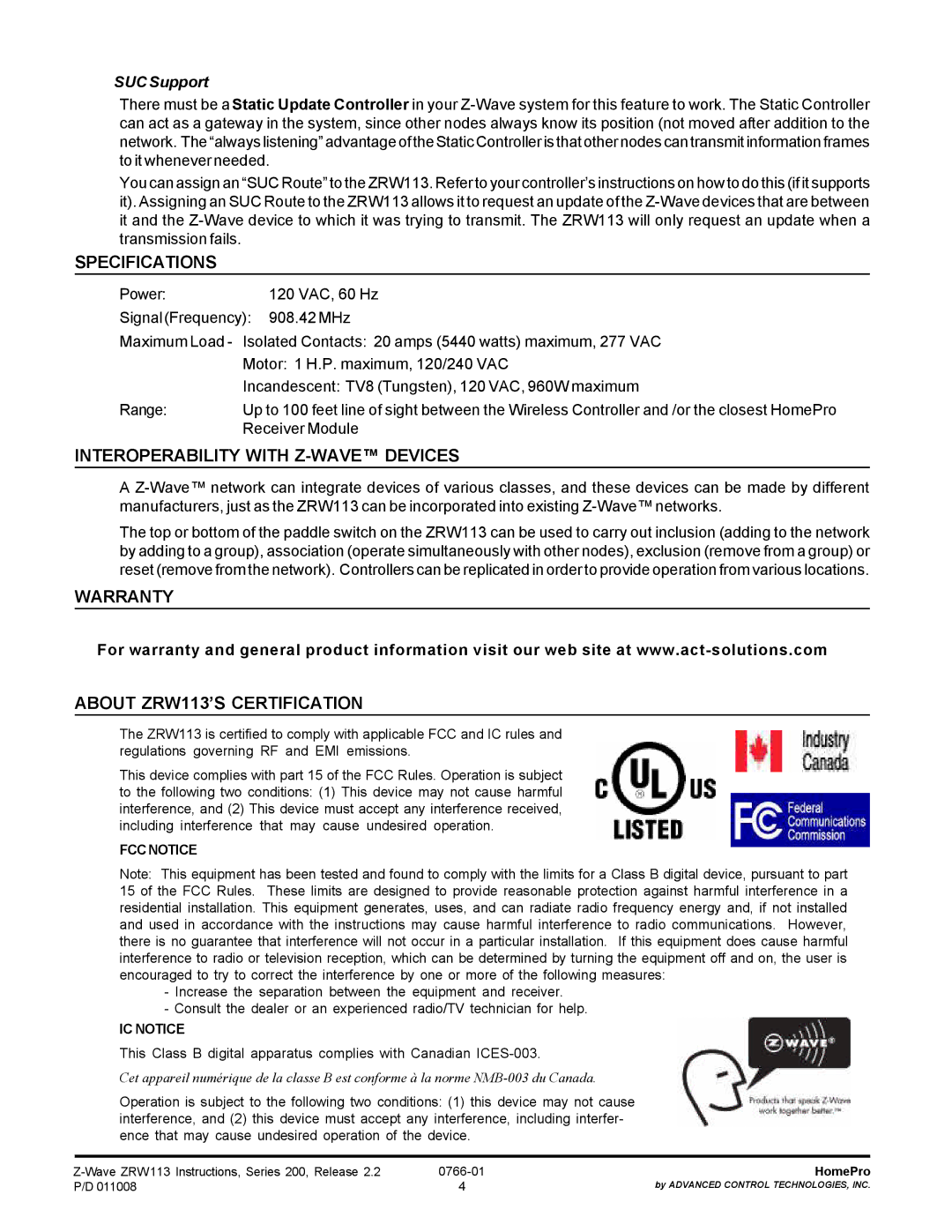 ADTX Specifications, Interoperability with Z-WAVE Devices, Warranty About ZRW113’S Certification, SUC Support 