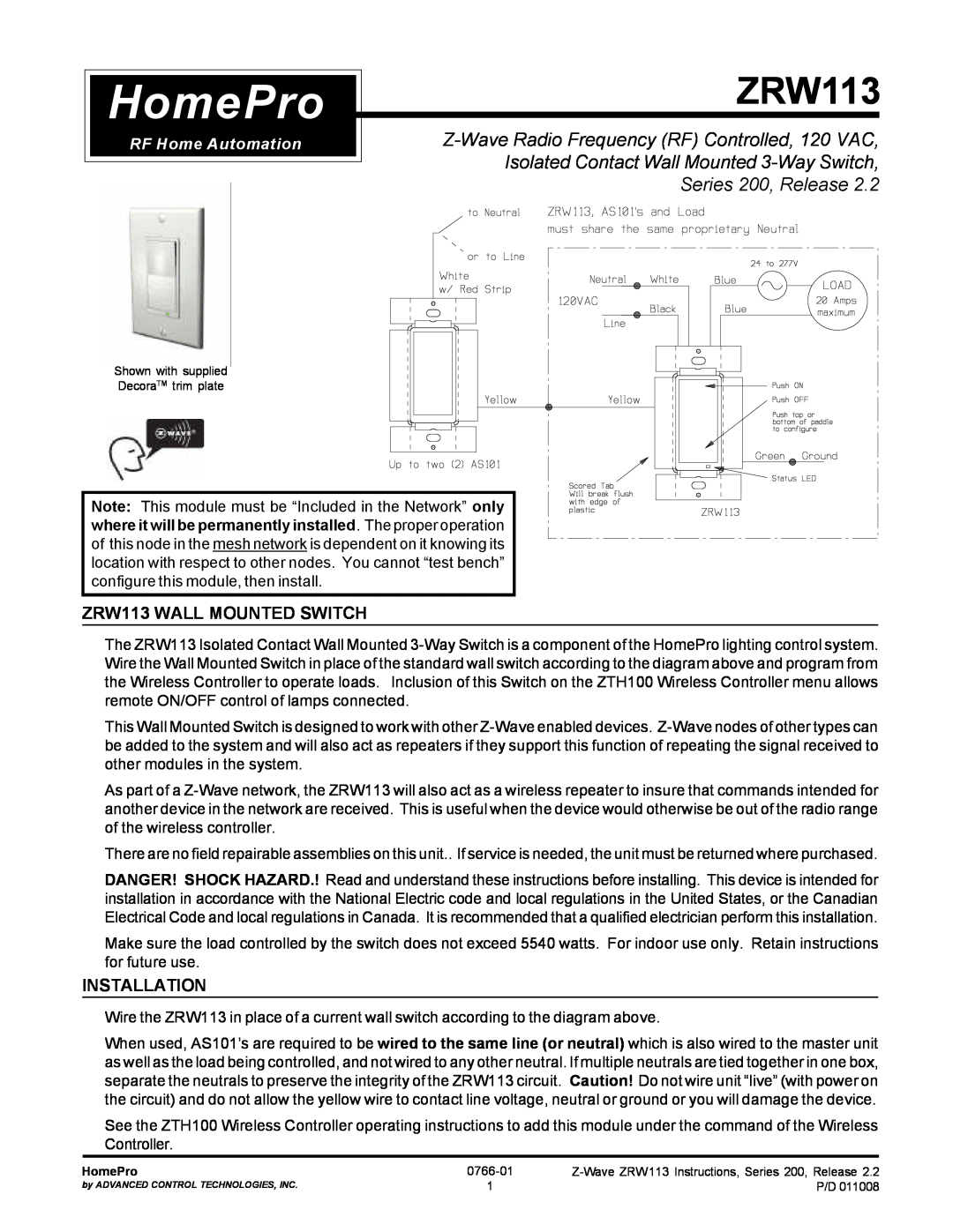 ADTX operating instructions ZRW113 WALL MOUNTED SWITCH, Installation, HomePro, Series 200, Release, RF Home Automation 