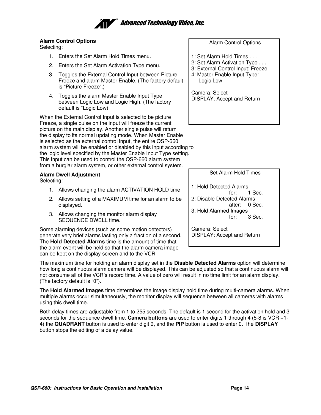 Advanced Global Technology QSP-660 manual Alarm Control Options, Alarm Dwell Adjustment 