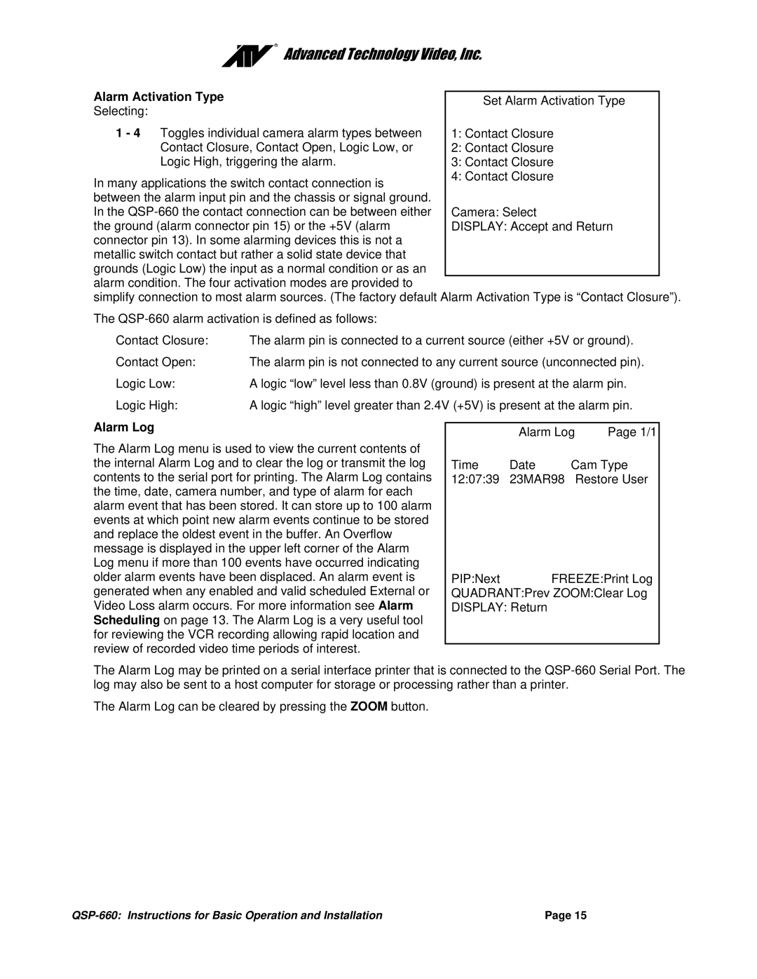 Advanced Global Technology QSP-660 manual Alarm Activation Type, Alarm Log 