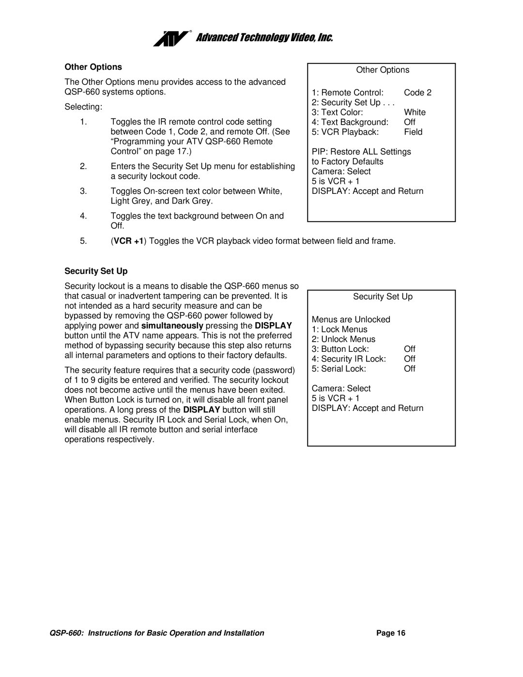 Advanced Global Technology QSP-660 manual Other Options, Security Set Up 