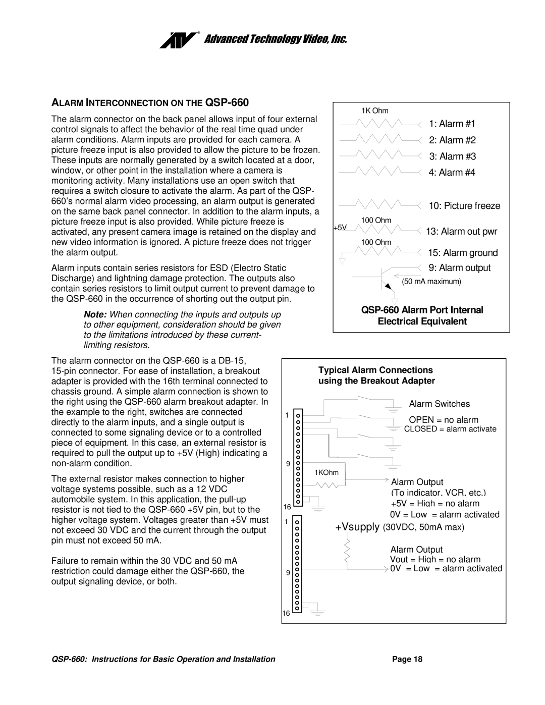 Advanced Global Technology Alarm Interconnection on the QSP-660, Typical Alarm Connections, Using the Breakout Adapter 