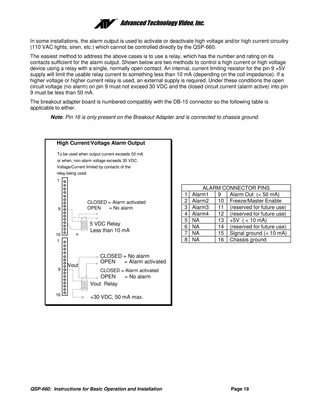 Advanced Global Technology QSP-660 manual High Current/Voltage Alarm Output, Open, Alarm Connector Pins 