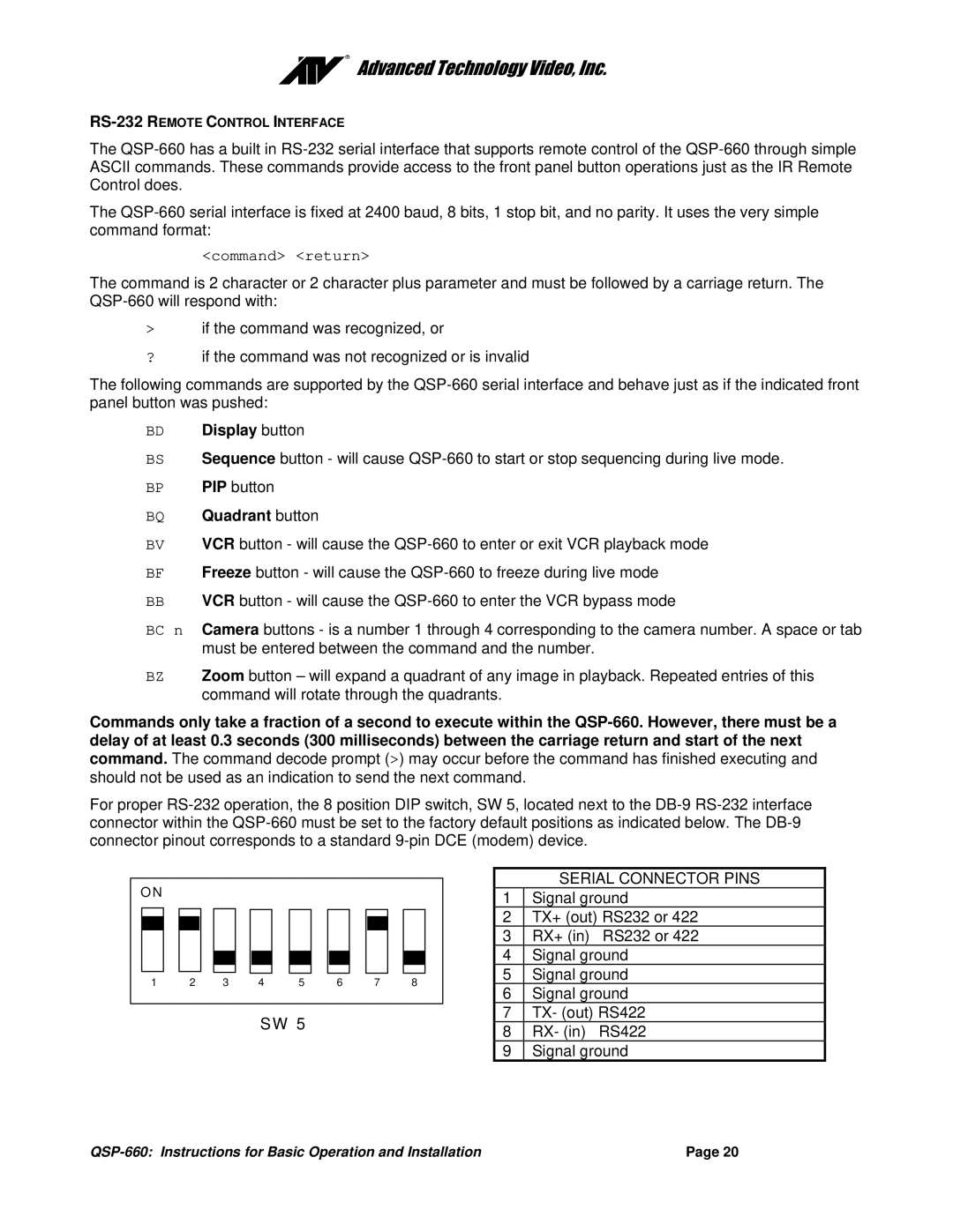 Advanced Global Technology QSP-660 manual BQ Quadrant button, Serial Connector Pins 