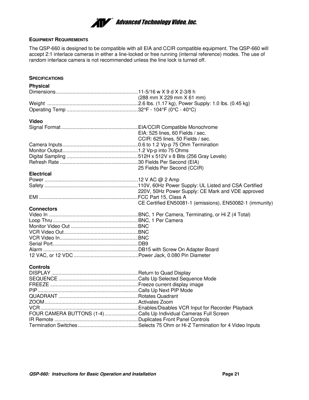 Advanced Global Technology QSP-660 manual Physical, Video, Electrical, Connectors, Controls 