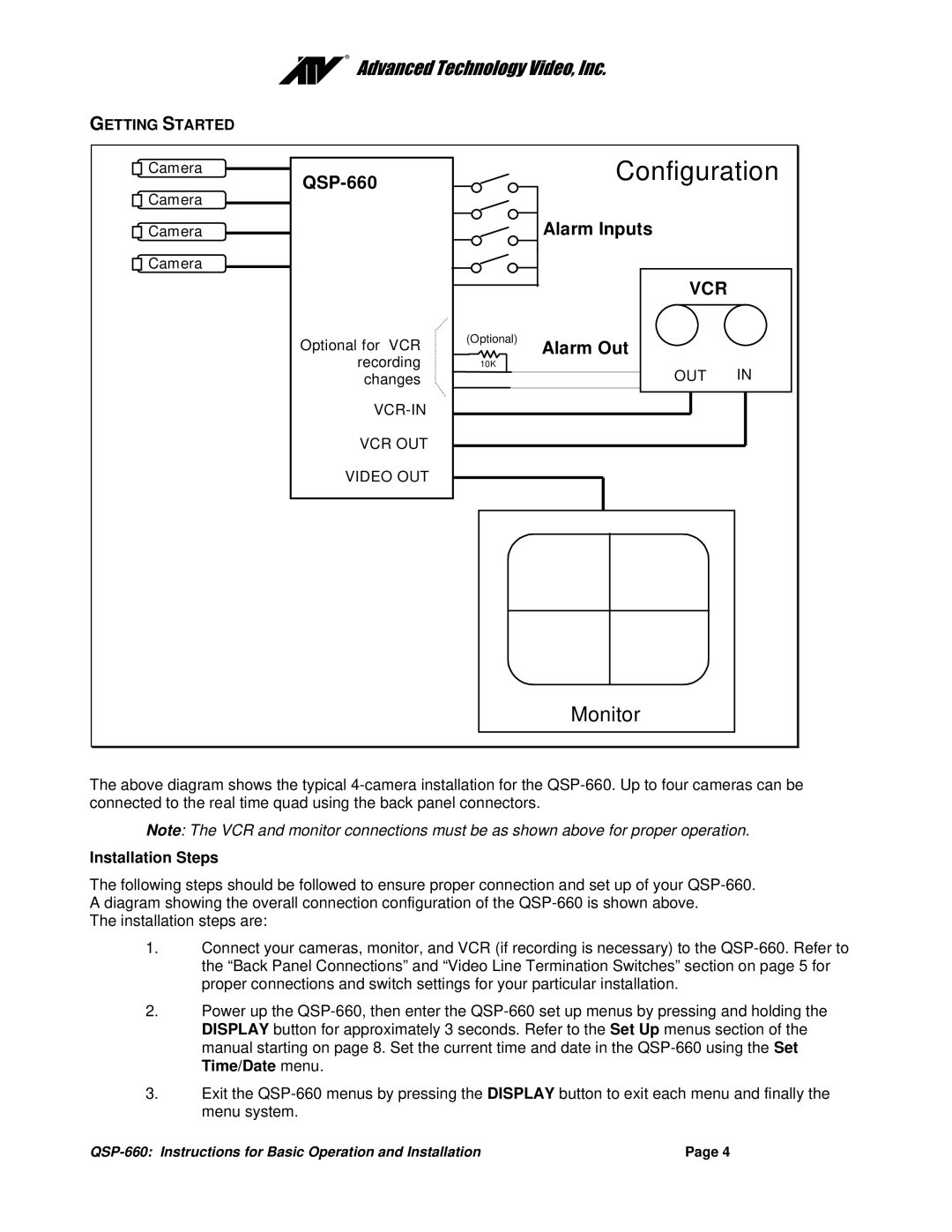 Advanced Global Technology QSP-660 manual Getting Started, Out, VCR-IN VCR OUT Video OUT, Installation Steps 