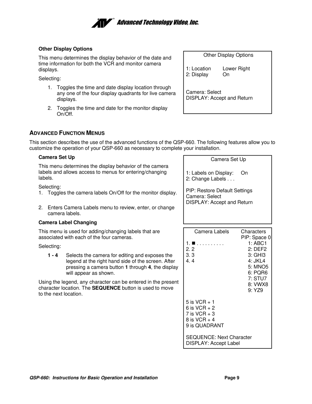 Advanced Global Technology QSP-660 Other Display Options, Advanced Function Menus, Camera Set Up, Camera Label Changing 