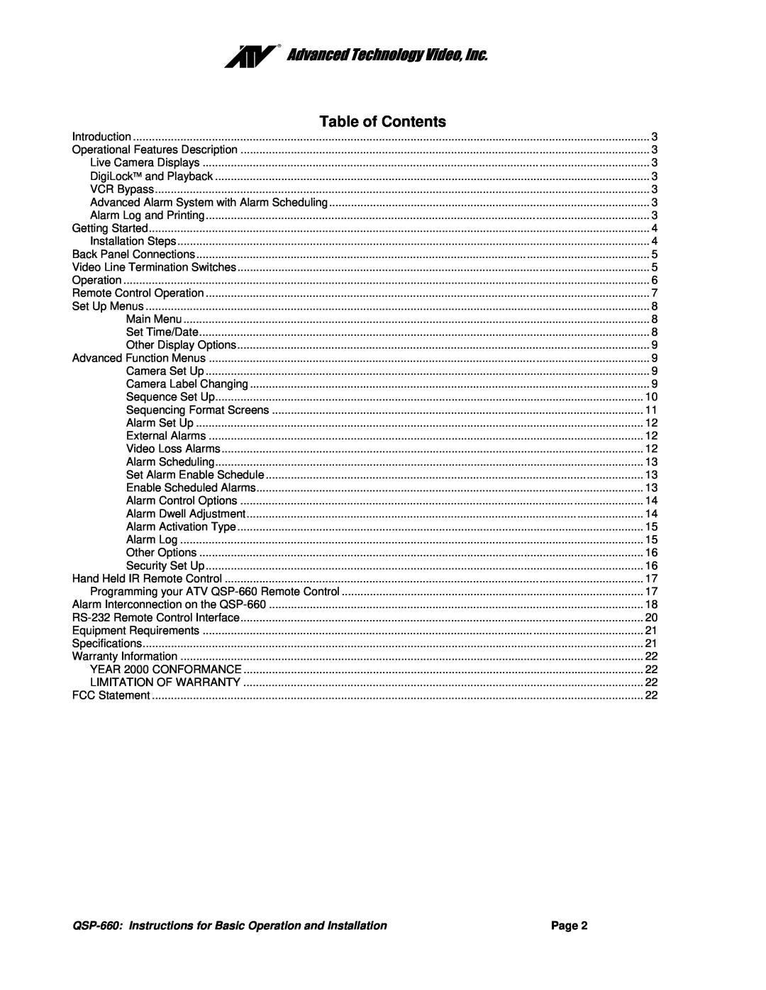 Advanced Global Technology QSP-660 manual $GYDQFHG7HFKQRORJ\9LGHR,QF, Table of Contents, Page 
