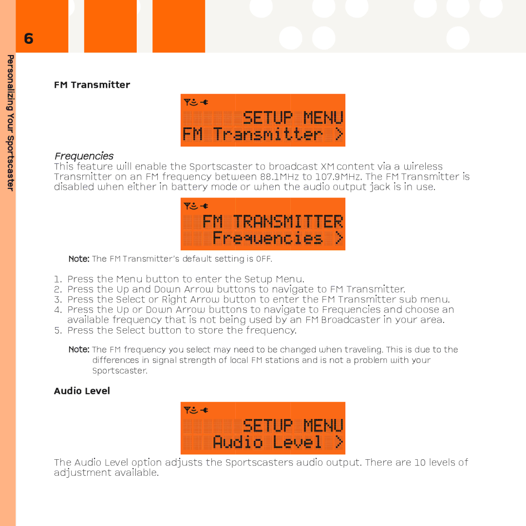 Advanced Global Technology XM101VK manual PersonalizingYour, FM Transmitter, Frequencies, Audio Level 