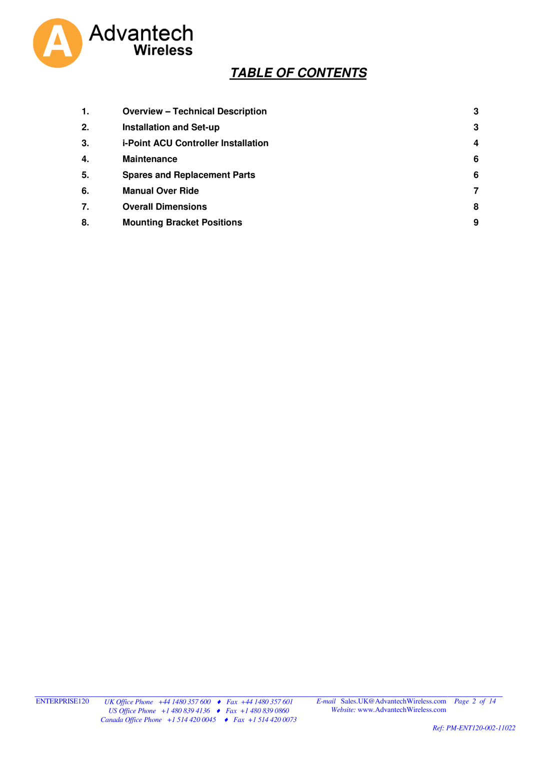 Advantech 120 operation manual Table of Contents 