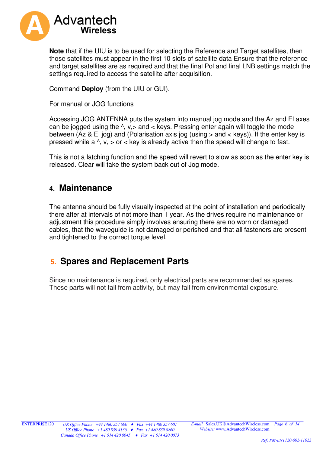 Advantech 120 operation manual Maintenance, Spares and Replacement Parts 