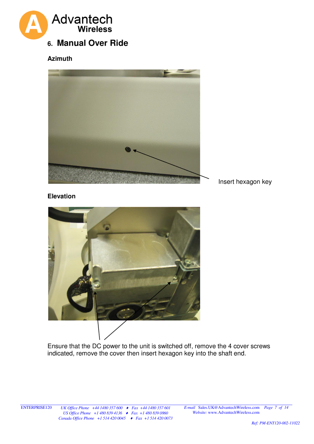 Advantech 120 operation manual Manual Over Ride, Elevation 