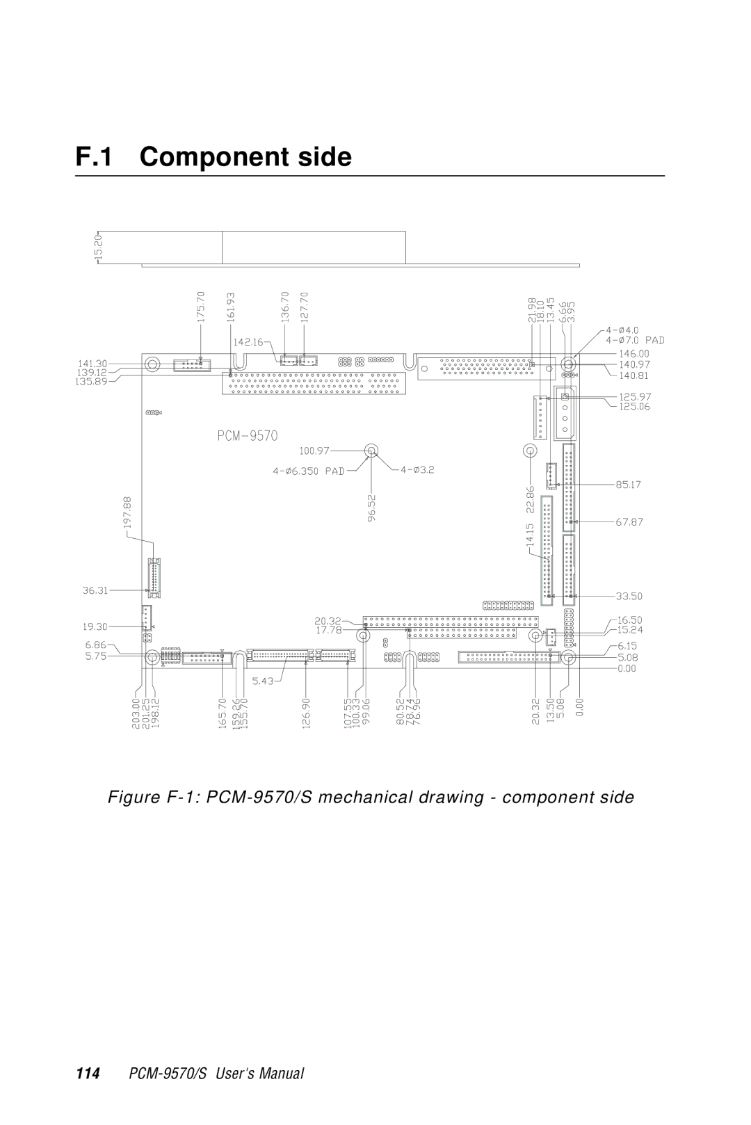 Advantech 2006957006 5th Edition user manual Component side, Figure F-1 PCM-9570/S mechanical drawing component side 