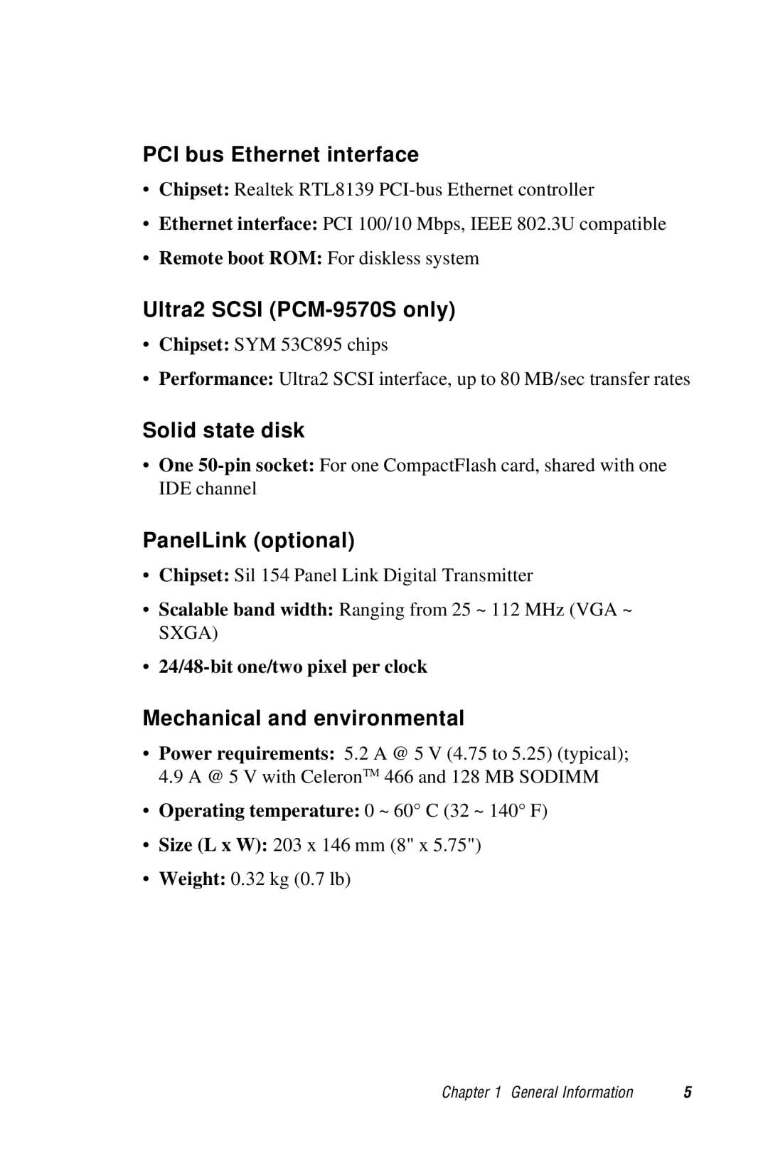 Advantech 2006957006 5th Edition user manual PCI bus Ethernet interface, Ultra2 Scsi PCM-9570S only, Solid state disk 