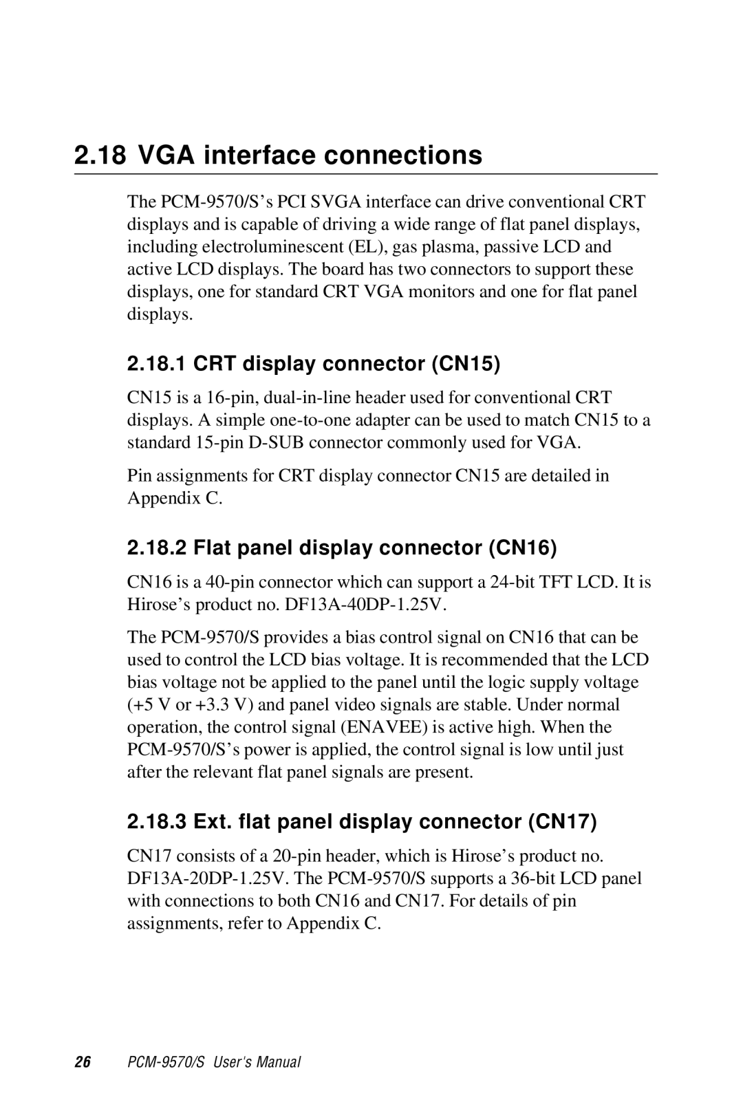 Advantech 2006957006 5th Edition VGA interface connections, CRT display connector CN15, Flat panel display connector CN16 