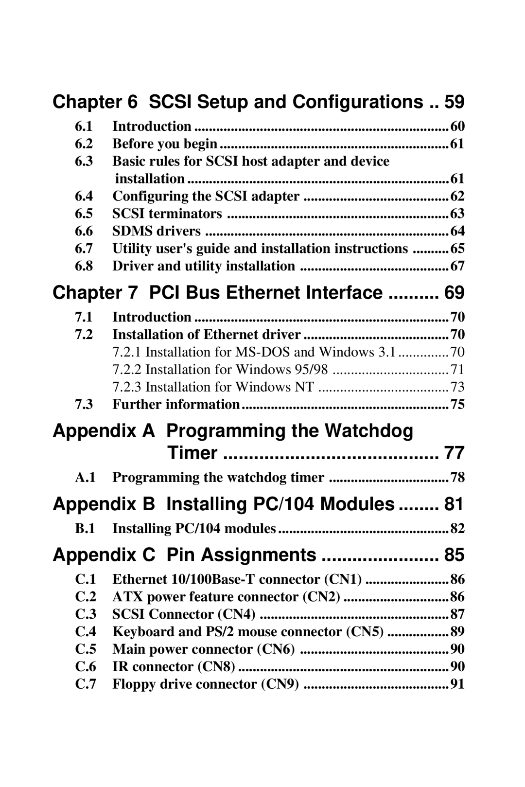 Advantech 2006957006 5th Edition Scsi Setup and Configurations, PCI Bus Ethernet Interface, Appendix C Pin Assignments 