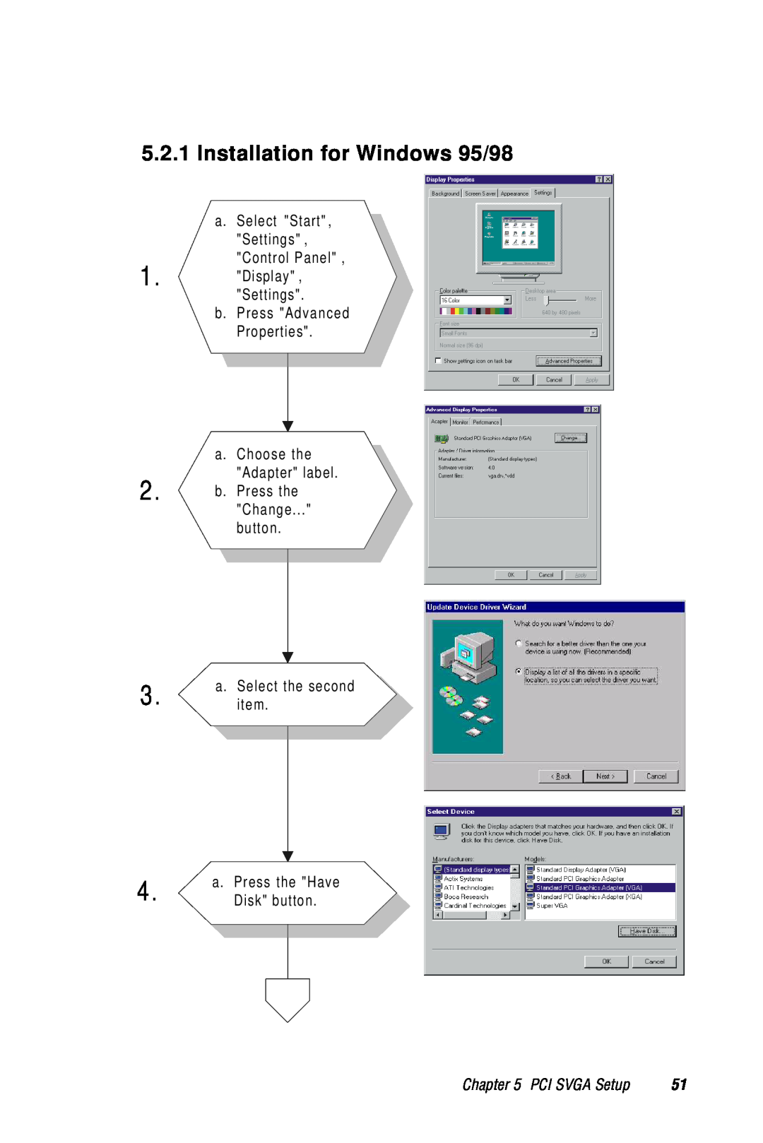 Advantech 2006957006 5th Edition user manual Installation for Windows 95/98, b. Press Advanced Properties, PCI SVGA Setup 