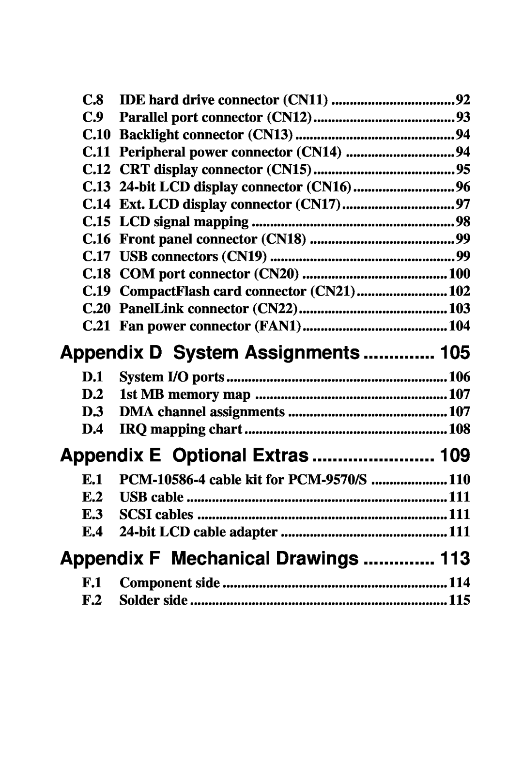 Advantech 2006957006 5th Edition Appendix D System Assignments, Appendix E Optional Extras, Appendix F Mechanical Drawings 