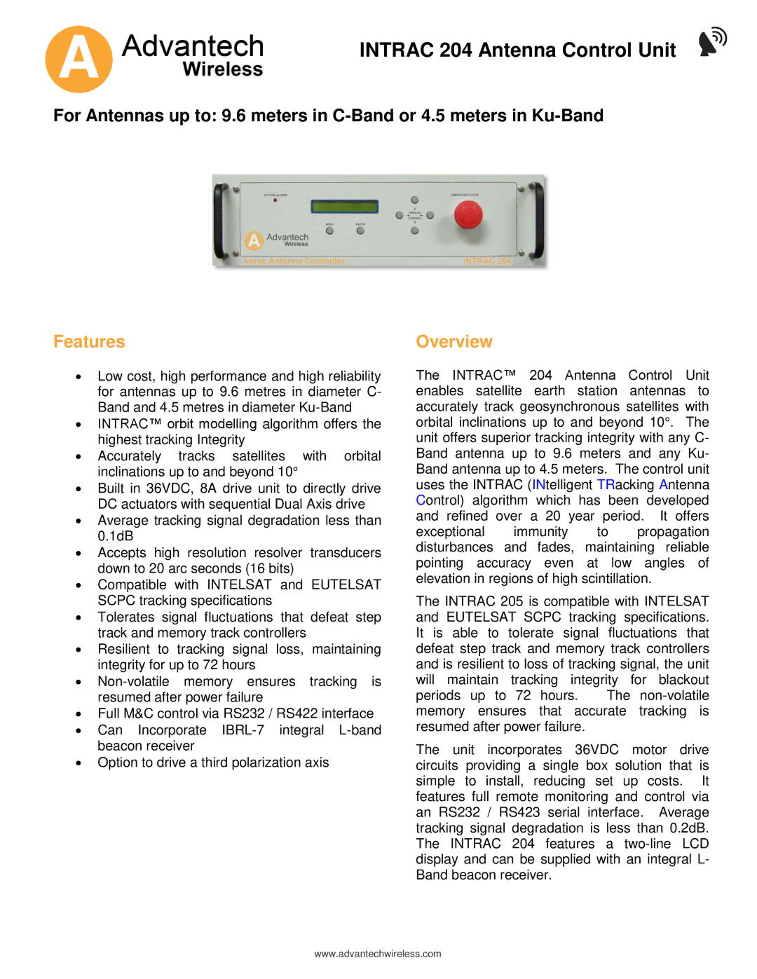 Advantech specifications Intrac 204 Antenna Control Unit, Features, Overview 