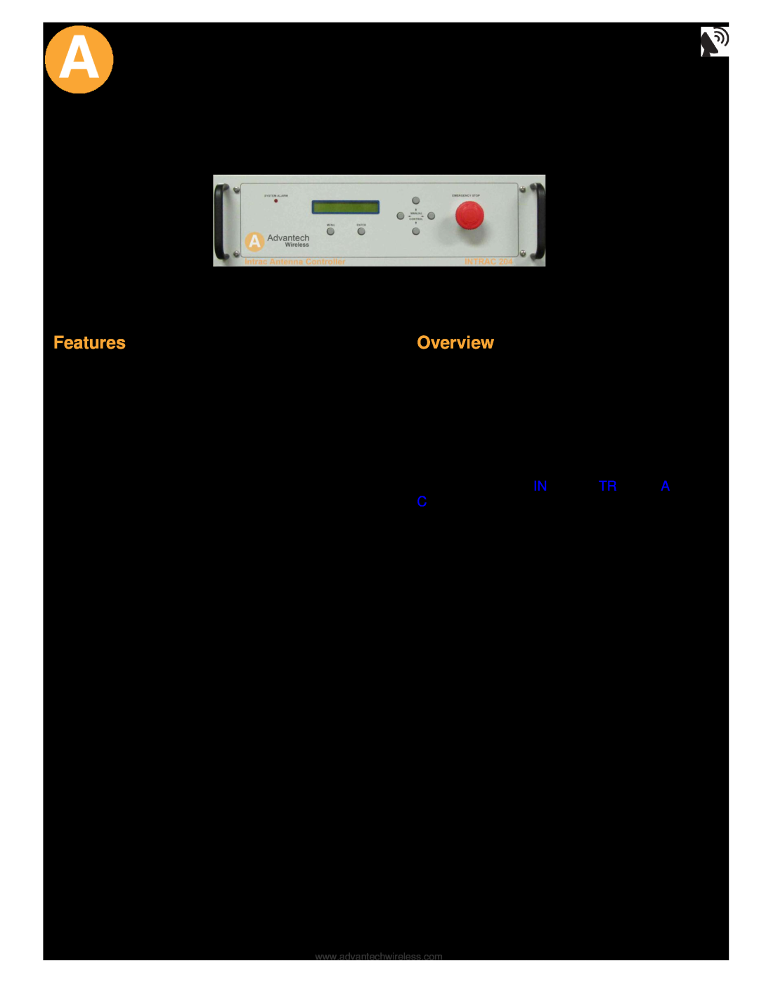 Advantech specifications INTRAC 204 Antenna Control Unit, Features, Overview 