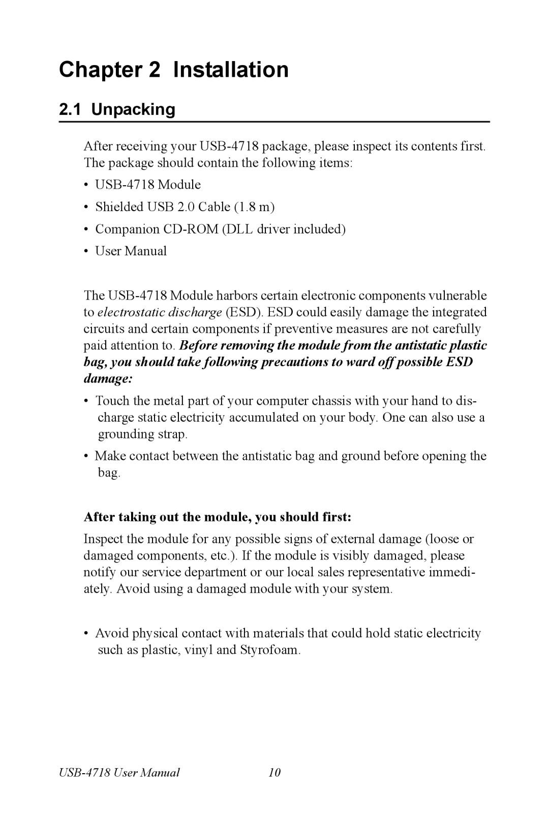 Advantech 4718 user manual Unpacking, After taking out the module, you should first 