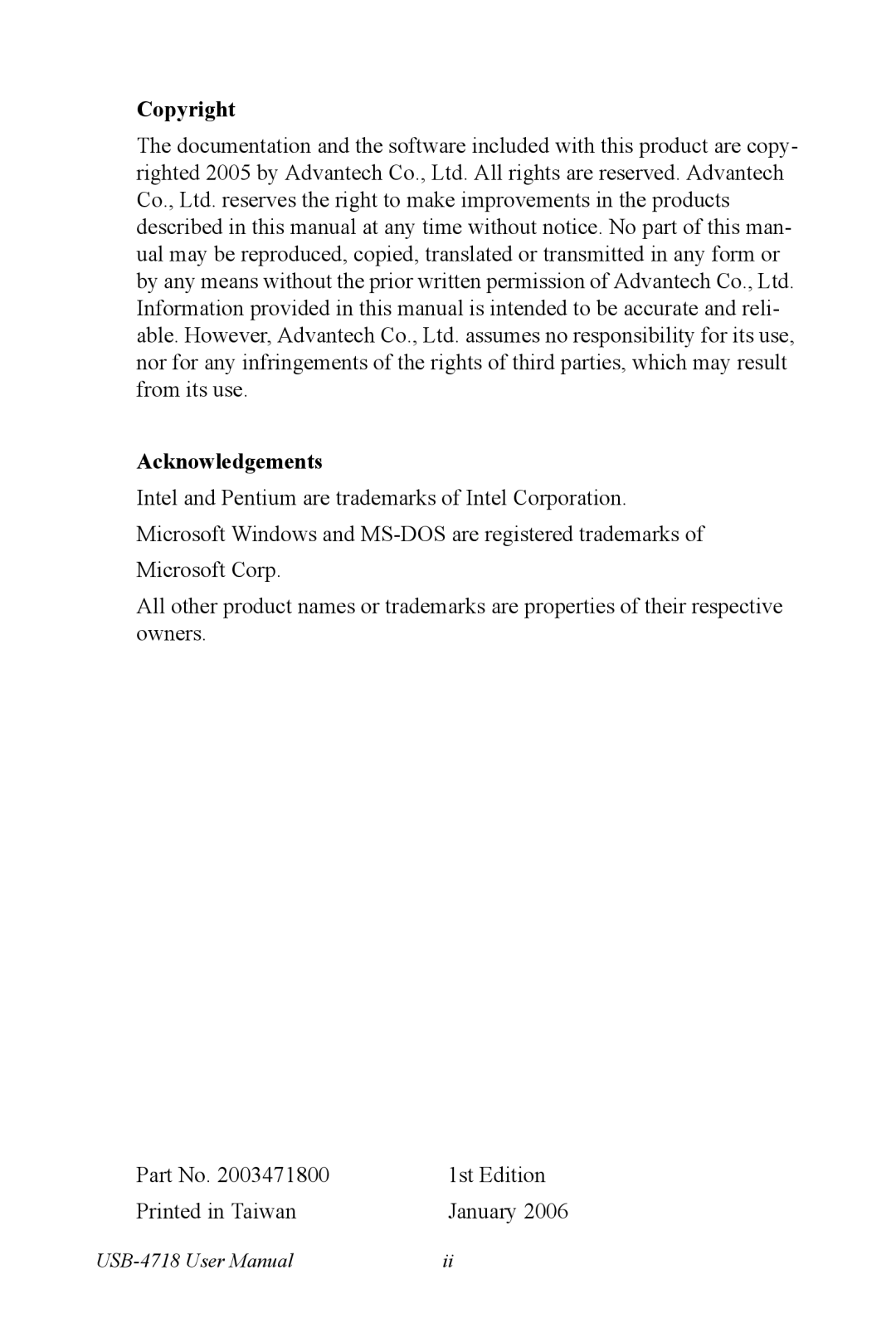 Advantech 4718 user manual Copyright Acknowledgements 