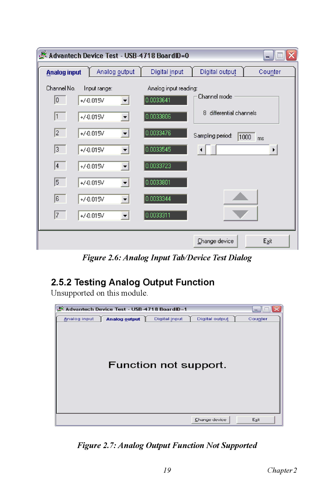 Advantech 4718 user manual Testing Analog Output Function, Analog Input Tab/Device Test Dialog 