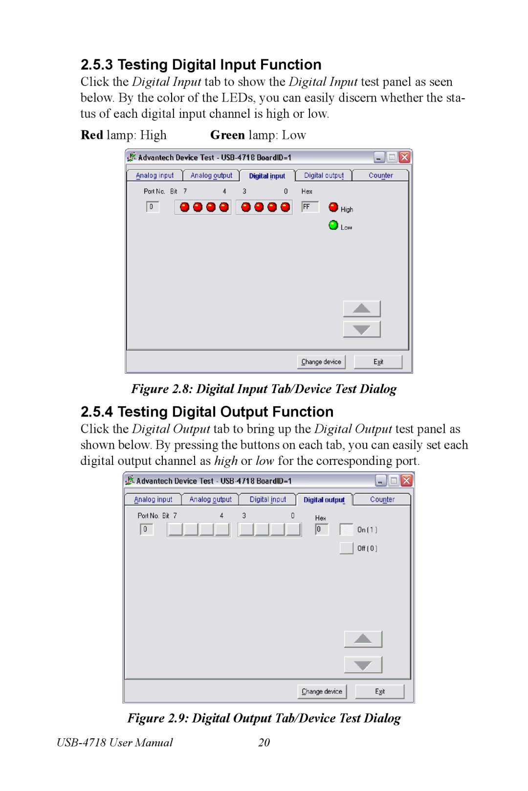 Advantech 4718 user manual Testing Digital Input Function, Testing Digital Output Function, Red lamp High Green lamp Low 